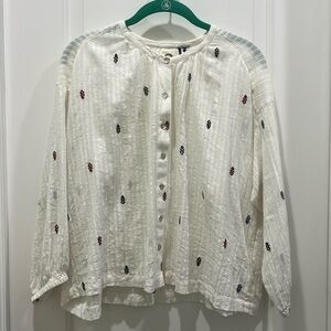 Anthropologie Akemi + Kin  White Button Down Long Sleeve Embroidered Top Sz XS